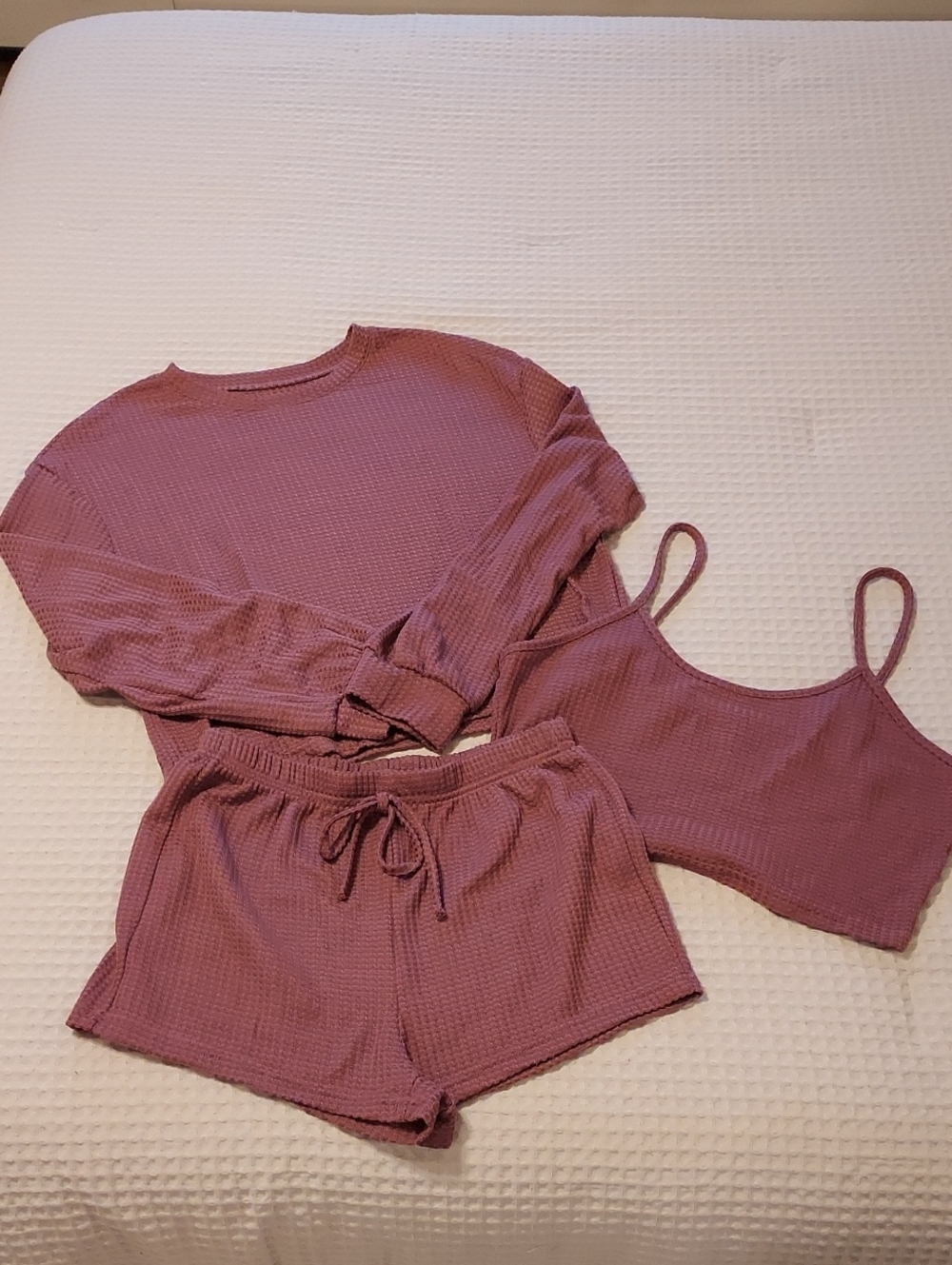 Women’s Waffle Knit 3-Piece Loungewear Set - Dusty Rose